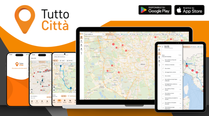 Schermate della nuova app TuttoCittà con mappe e segnalazioni di attività locali