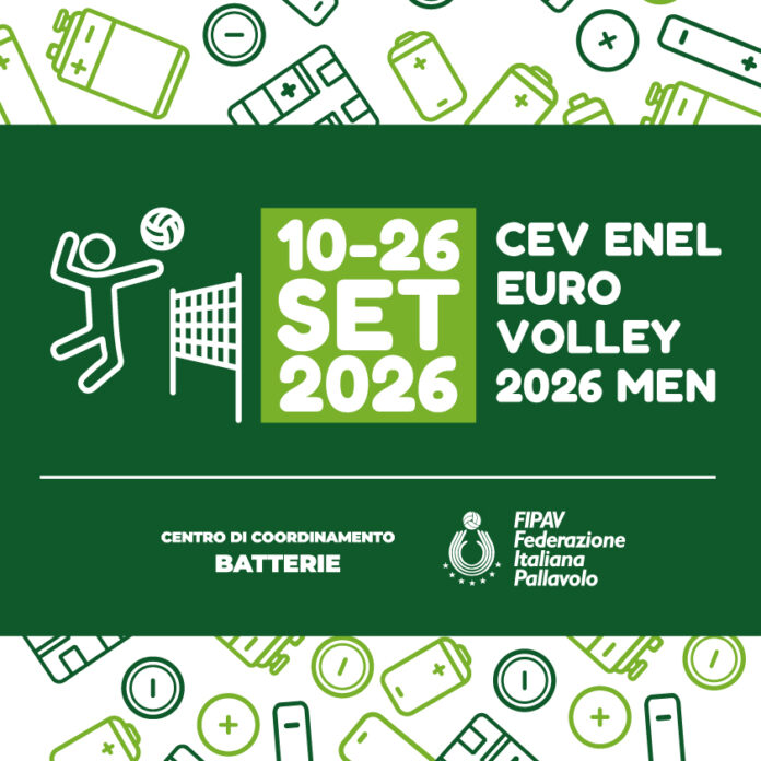 Grafica promozionale dell'EuroVolley 2026 Men e dell'iniziativa di raccolta batterie portatili esauste con loghi di FIPAV e Centro di Coordinamento Batterie.