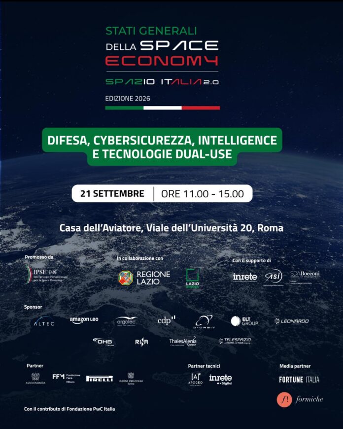Locandina evento Stati Generali della Space Economy con data 21 settembre e tema difesa, cybersicurezza, intelligence e tecnologie dual-use
