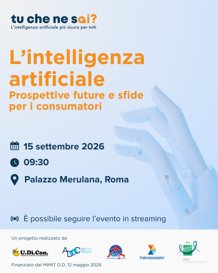 Manifesto evento intelligenza artificiale e consumatori 15 settembre 2026 Palazzo Merulana Roma
