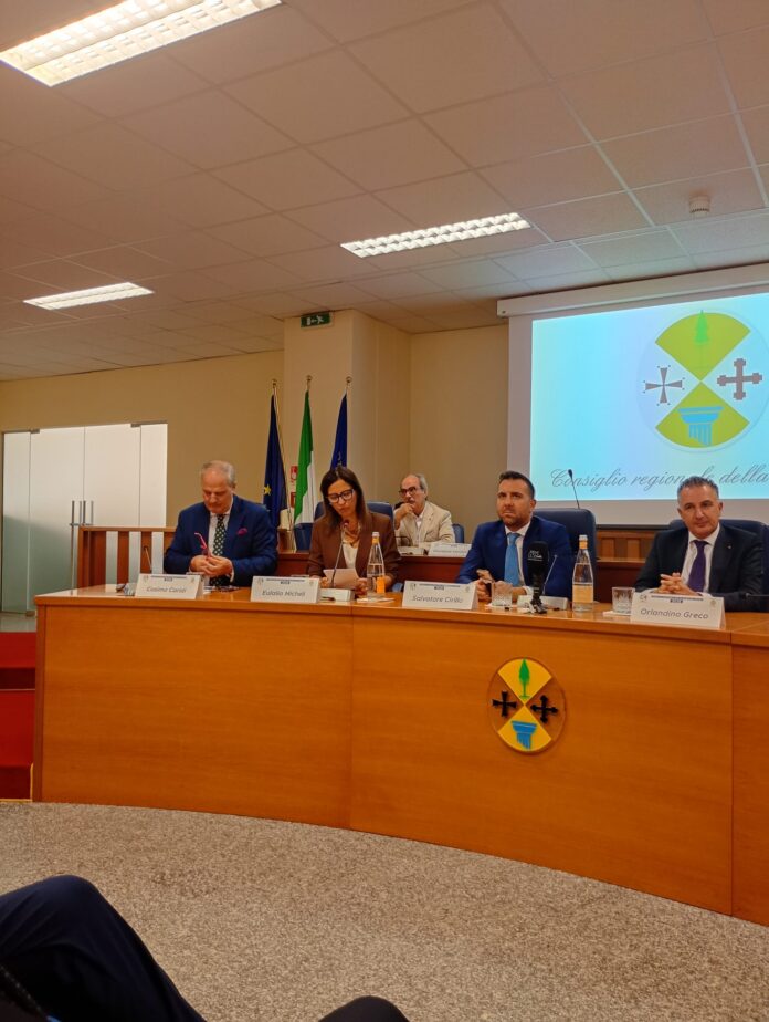 Persone sedute e in piedi in una sala conferenze del Consiglio regionale, durante la Consulta Calabresi nel Mondo a Reggio Calabria.