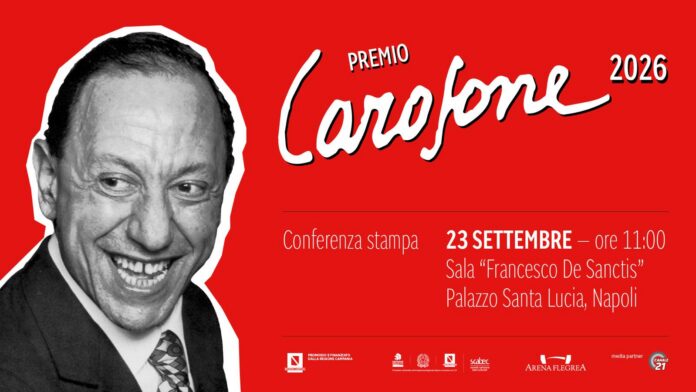 Locandina illustrativa del Premio Carosone 2026 con data e luogo della conferenza stampa.