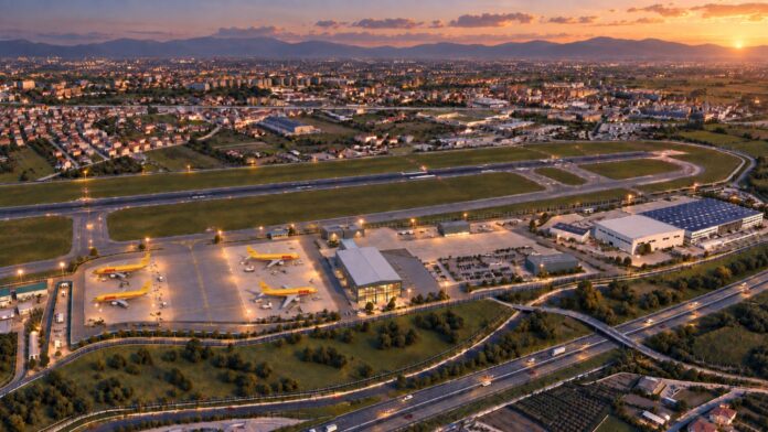 Vista notturna dell'aeroporto di Capodichino con pista e terminal illuminati, con la città sullo sfondo.