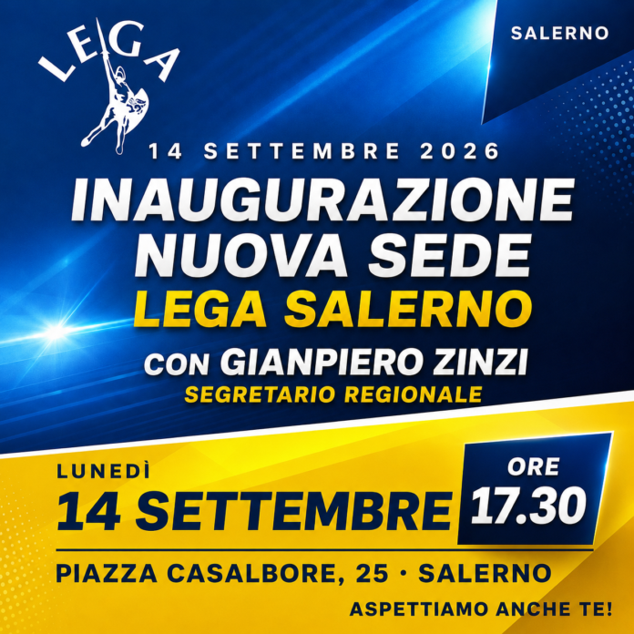 Locandina annuncio inaugurazione nuova sede Lega Salerno 14 settembre 2026