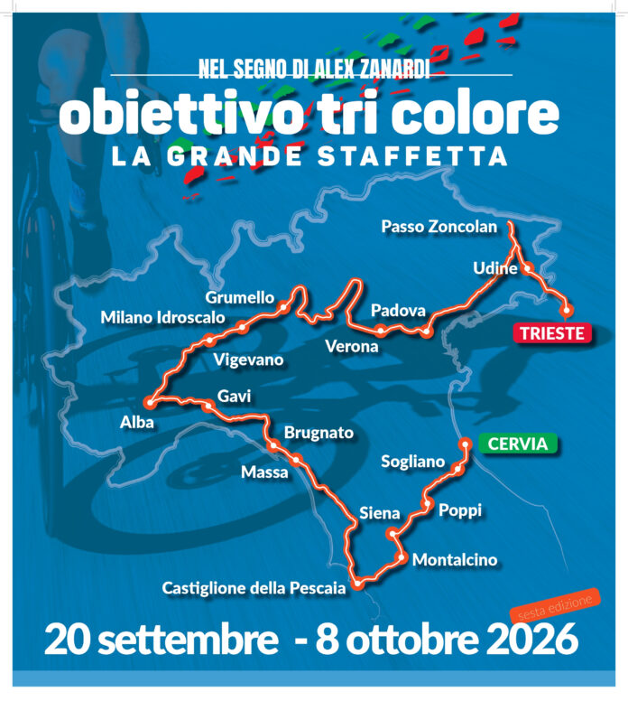 Mappa del percorso della staffetta paralimpica Obiettivo Tricolore 2026 con indicazioni delle tappe principali tra Cervia, Alba e Trieste
