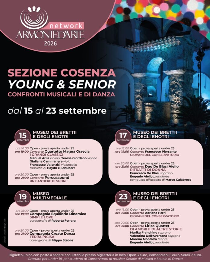 Locandina con date e programma della sezione Young & Senior del festival Armonie d’Arte a Cosenza
