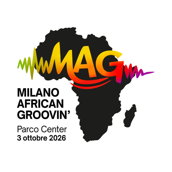 Logo del festival Milano African Groovin' con mappa dell'Africa e scritte colorate