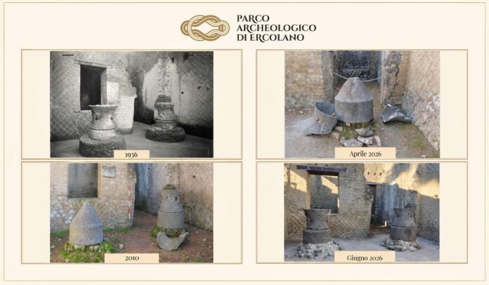 Collage di quattro fotografie storiche e recenti delle macine e del forno del panificio del Vicolo Meridionale a Ercolano, datate 1936, 2010, aprile 2026 e giugno 2026, che evidenziano i restauri effettuati.