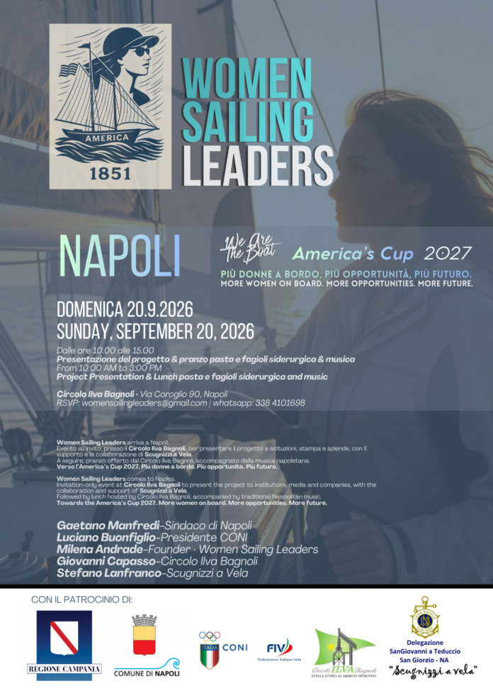 Manifesto evento Women Sailing Leaders Napoli America’s Cup 2027 con grafica velista e testo informativo.