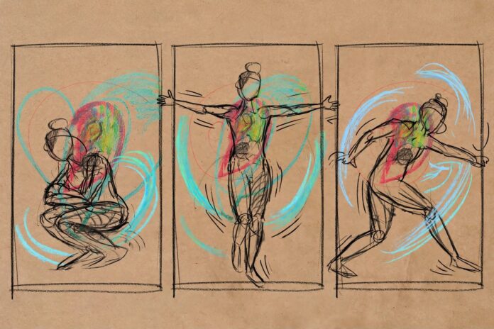 Disegno artistico con tre figure umane stilizzate con colori vivaci su sfondo marrone.