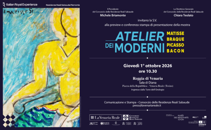 Locandina della mostra Atelier dei Moderni con opere di artisti moderni e moderne grafiche.