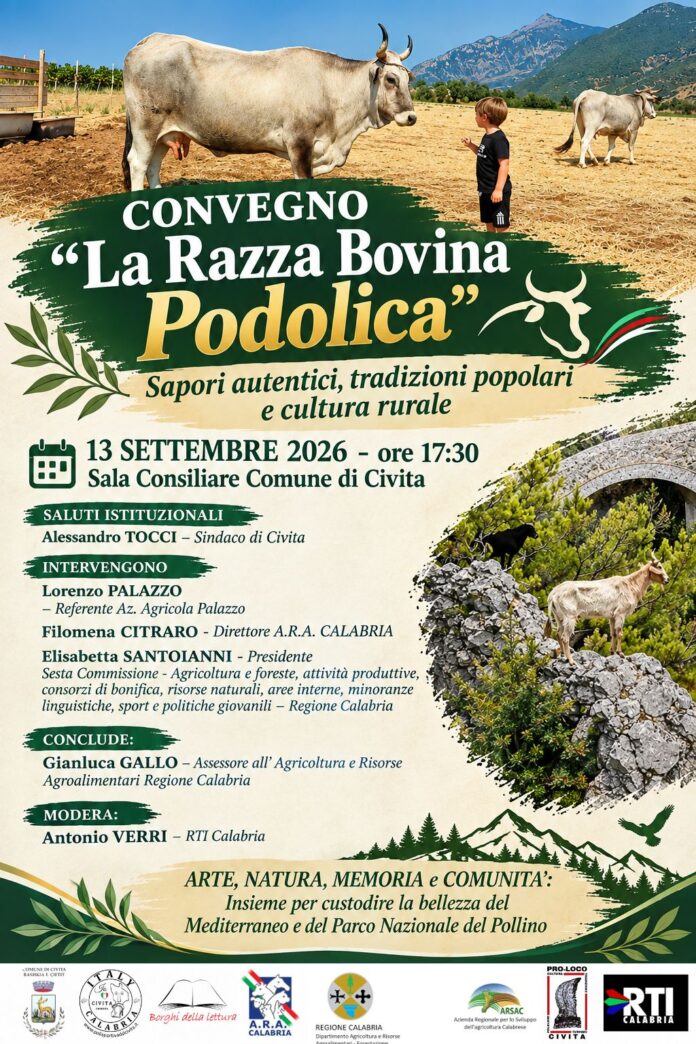 Locandina evento convegno Razza Bovina Podolica Civita 13 settembre 2026 in ambiente rurale con mucche e bambino