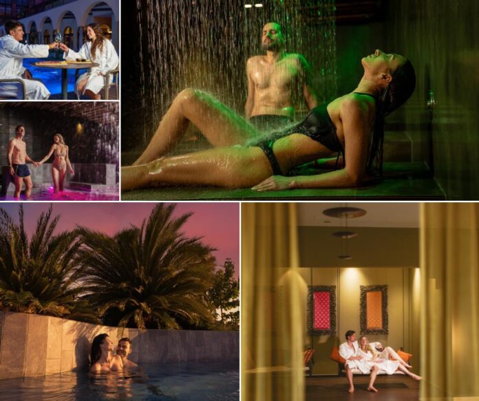 Coppie che si rilassano nelle piscine e saune di Asmana Wellness World, Day Spa vicino Firenze