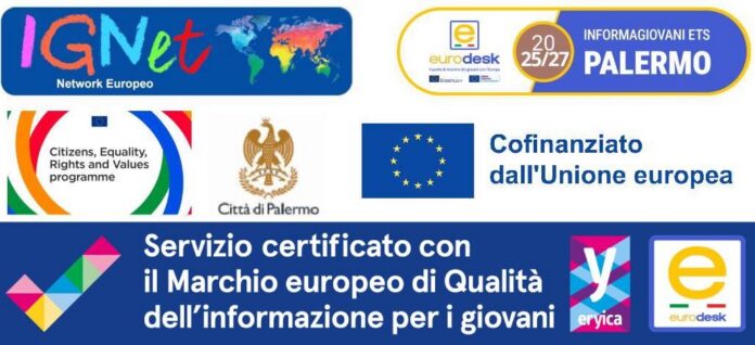 Grafica illustrativa con ragazza e valigia per scambio giovanile internazionale Erasmus+ a Palermo, ottobre-novembre, per giovani tra 18 e 25 anni.
