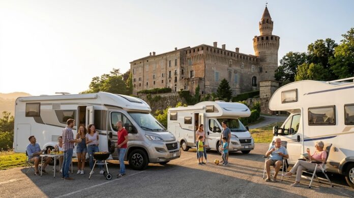 Camper parcheggiati in un'area con persone che socializzano, sullo sfondo castello storico in Emilia-Romagna
