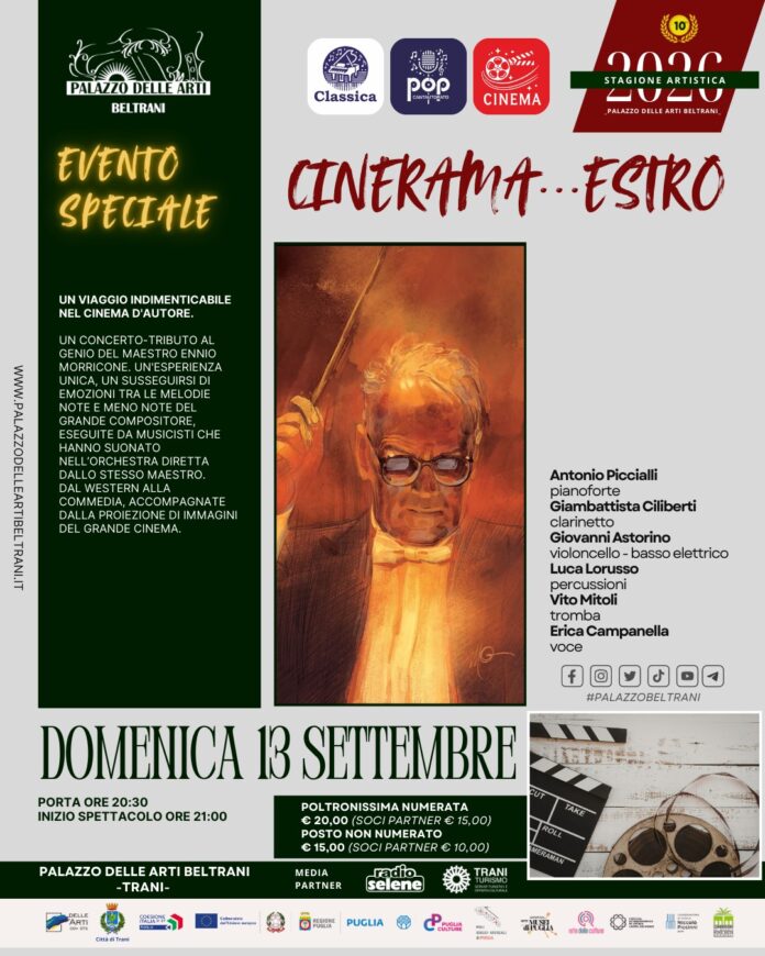 Locandina evento Cinerama...estro con immagine stilizzata di Ennio Morricone e informazioni concerto a Trani