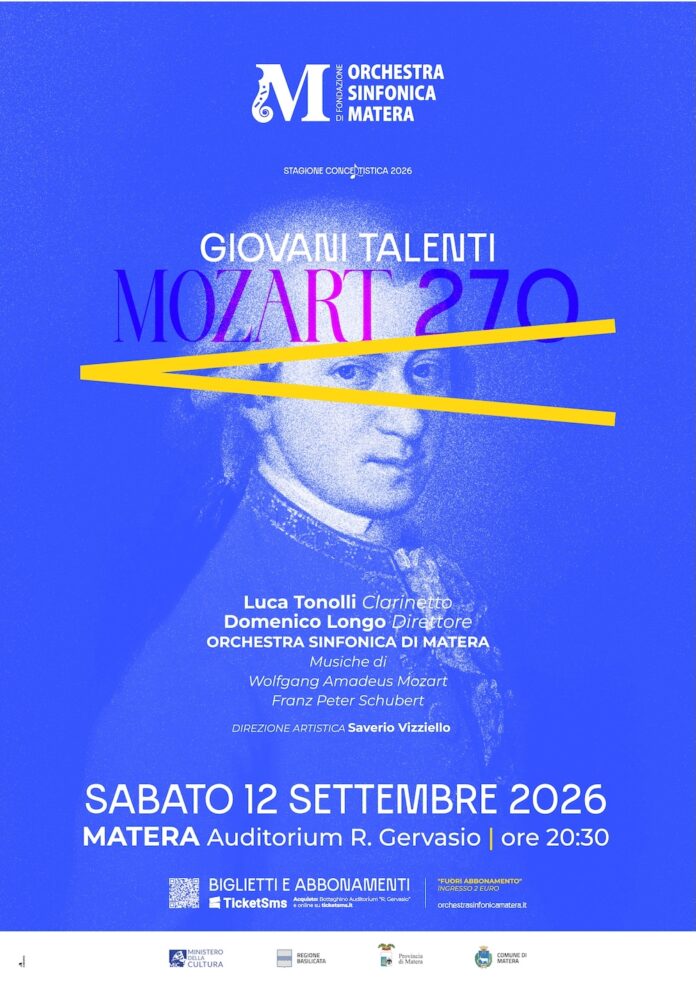 Locandina blu con scritte bianche e gialle che annuncia la stagione concertistica Crescendo dell'Orchestra Sinfonica di Matera con date e programmi dei concerti.