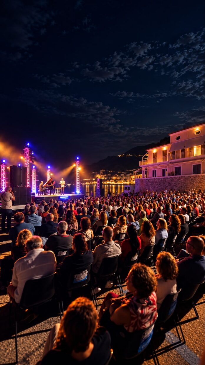 Musicista che suona la tromba durante un concerto serale con pubblico assorto all'evento a Acciaroli