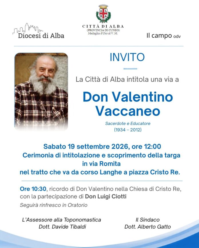 Foto di Don Valentino Vaccaneo contenuta nell'invito ufficiale della Città di Alba per l'intitolazione di una via.