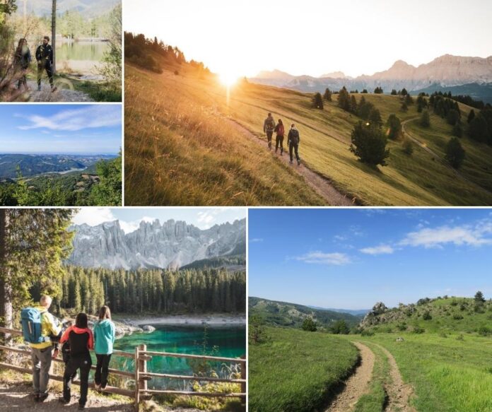 Collage di fotografie con vari sentieri naturali, escursionisti e paesaggi montani e collinari durante una camminata.