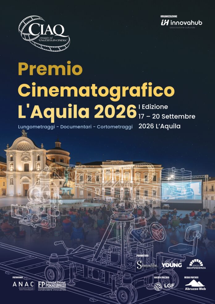 Locandina del Premio Cinematografico L'Aquila CiAq 2026 con immagine notturna della città e dettagli del festival