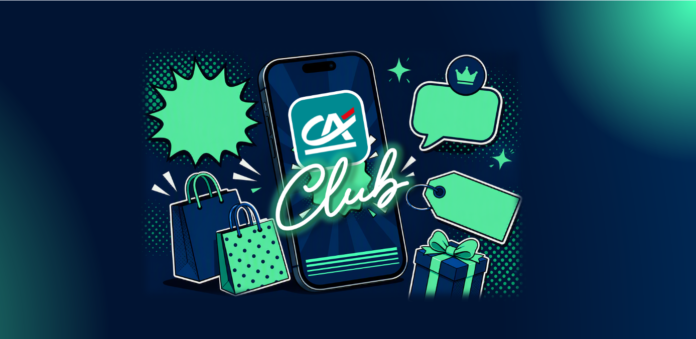 Interfaccia grafica digitale con logo Crédit Agricole e simboli di shopping e premi
