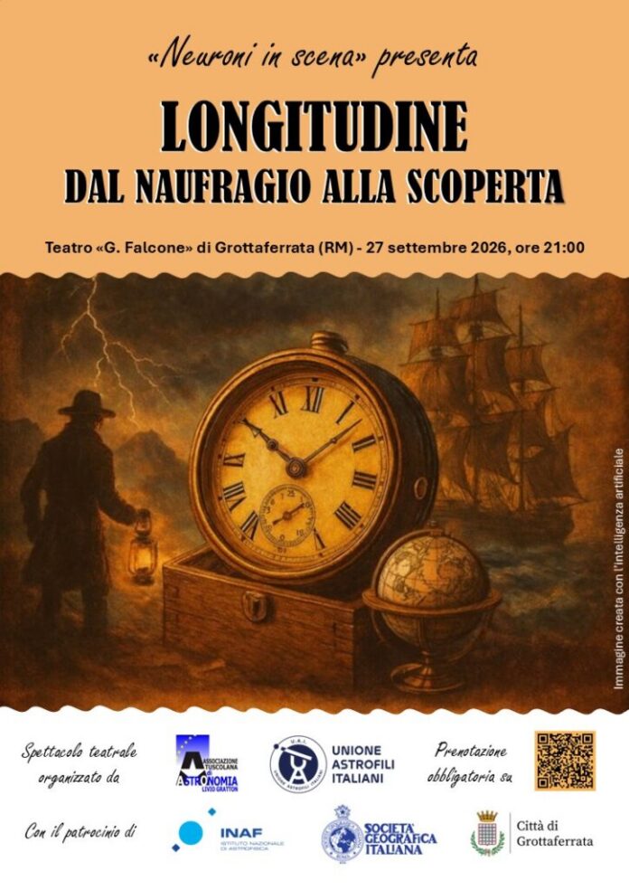 Locandina dello spettacolo teatrale 'Longitudine – Dal naufragio alla scoperta' con orologio antico, mappamondo e silhouette di una nave a vela.