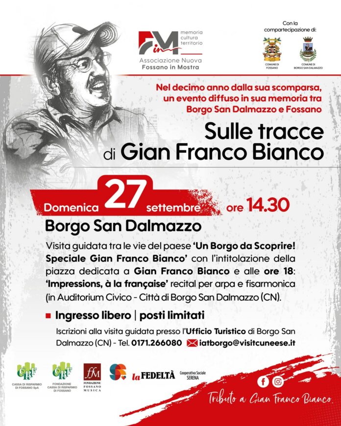 Locandina dell'evento Sulle tracce di Gian Franco Bianco con ritratto disegnato di Gian Franco Bianco e informazioni sull'iniziativa a Borgo San Dalmazzo.