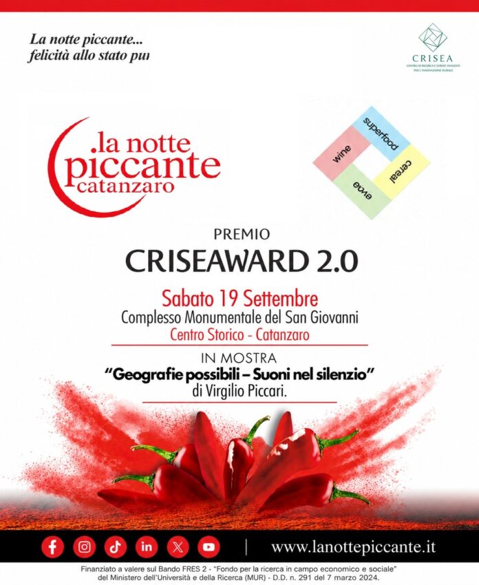 Locandina evento CRISEAWARD 2.0 a Catanzaro il 19 settembre 2026 con peperoncini rossi e loghi di La Notte Piccante e CRISEA