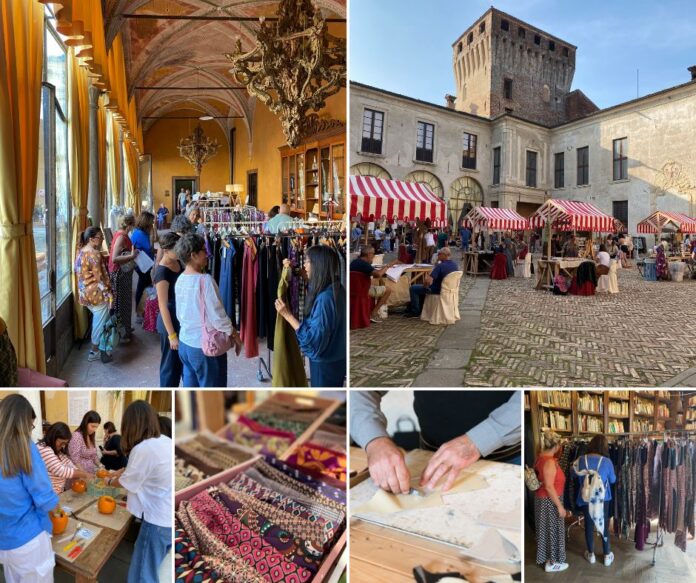 Mercato handmade e riciclo creativo con espositori e visitatori nelle sale e nel cortile del Castello di Padernello.