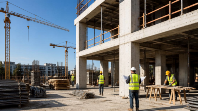 Cantiere edile con operatori e struttura in calcestruzzo in costruzione