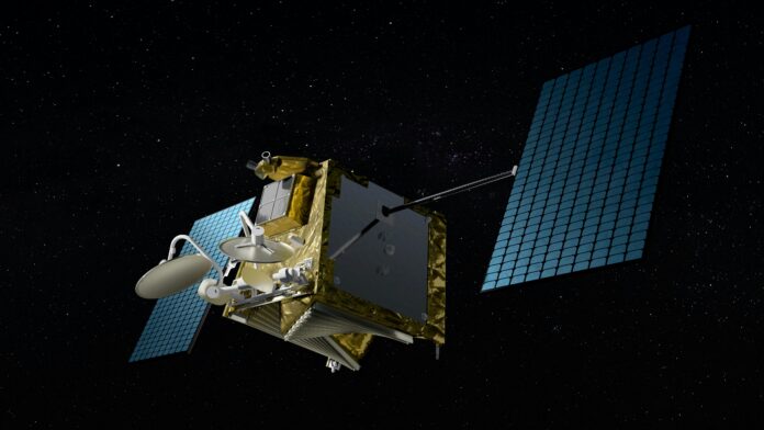 Illustrazione digitale di un satellite OneWeb con pannelli solari in orbita.