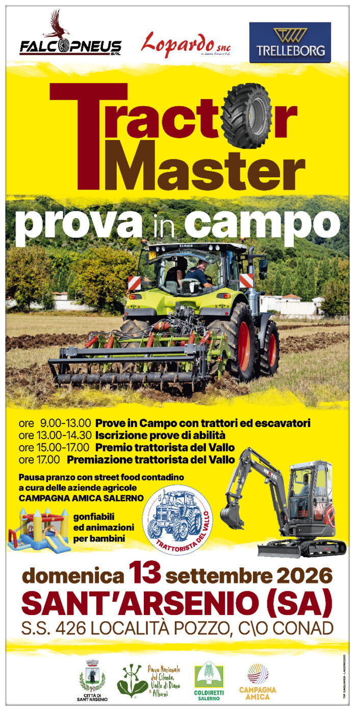 Locandina TractorMaster 2026 con trattore in azione sul campo a Sant'Arsenio
