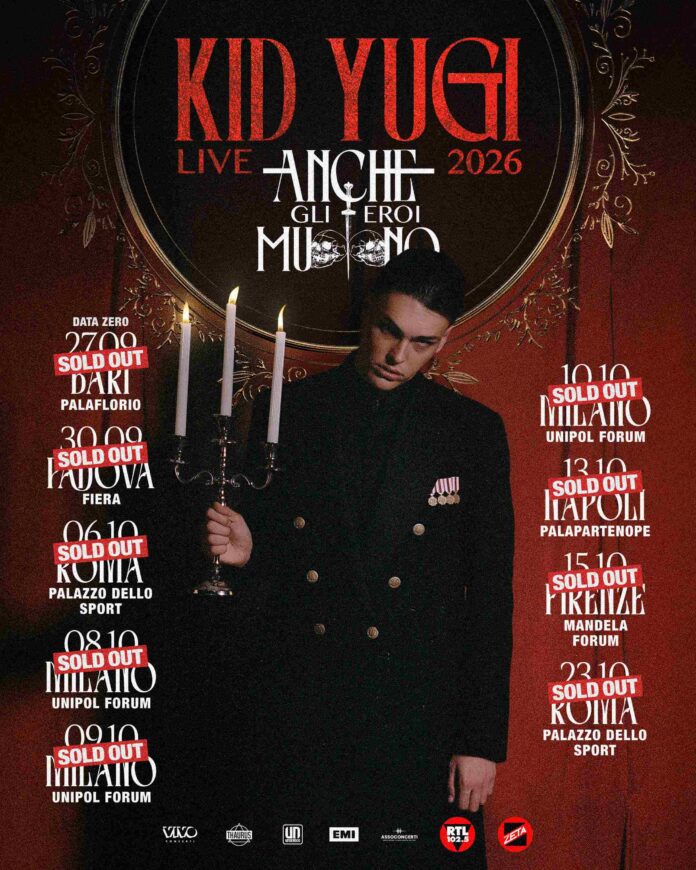 Poster del tour di Kid Yugi con l'artista vestito di nero che regge un candelabro, con elenco delle date sold out.