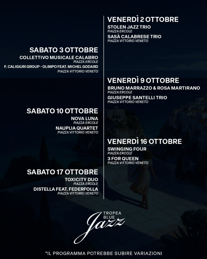 Programma del Tropea Blue Jazz 2026 con date e artisti principali su sfondo scuro.