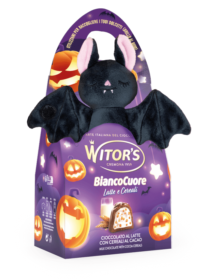 Confezione viola di BiancoCuore di Witor's con un peluche a forma di pipistrello in primo piano, tema Halloween.