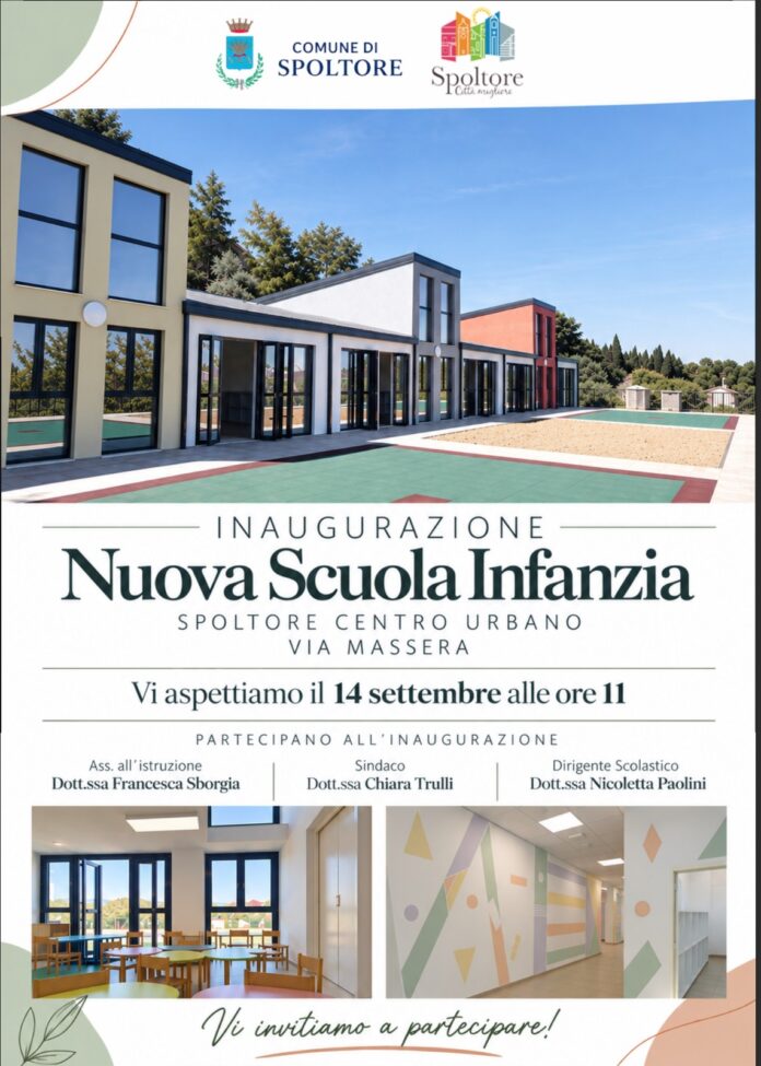 Esterno e interni della nuova scuola dell'infanzia di Spoltore in via Massera, struttura moderna e colorata.