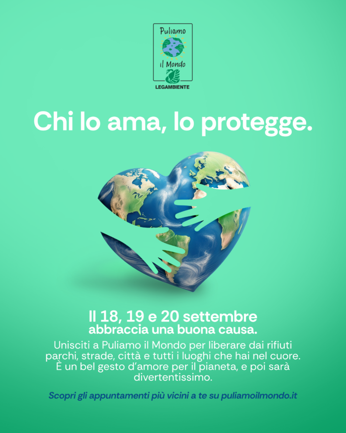 Poster con logo di Puliamo il Mondo, cuore-terra abbracciato da mani verdi e scritta 