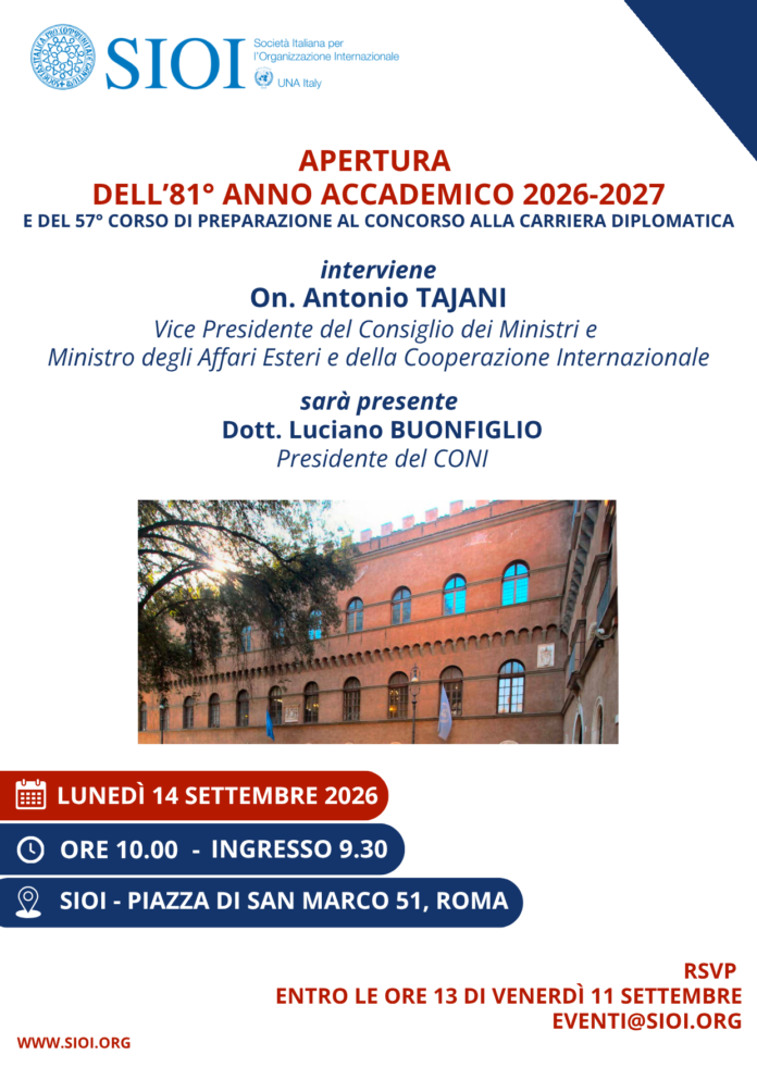Locandina con dettagli evento apertura 81° anno accademico SIOI, Antonio Tajani presente