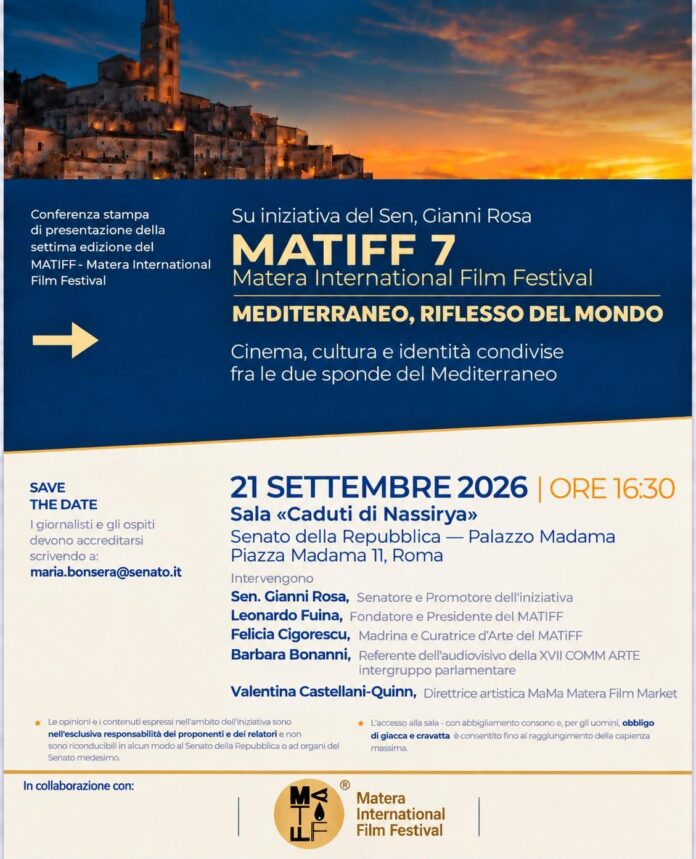 Locandina della conferenza di presentazione del MATIFF 7 Matera International Film Festival con informazioni sull'evento e sfondo di un paesaggio al tramonto.