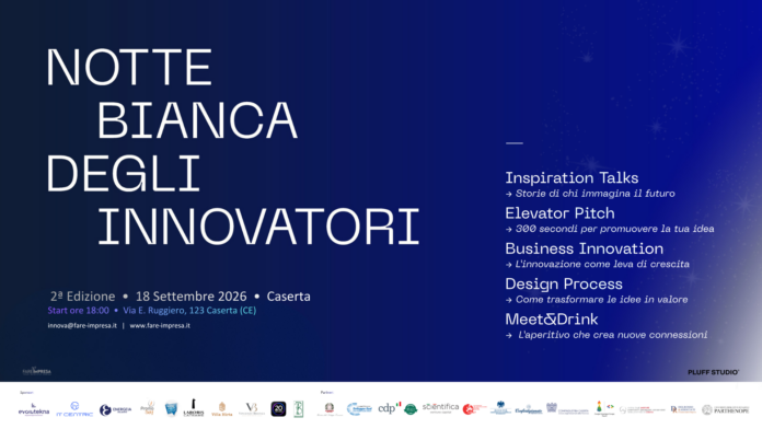 Locandina con testo della Notte Bianca degli Innovatori 2026, seconda edizione, con informazioni sull'evento e i partner.