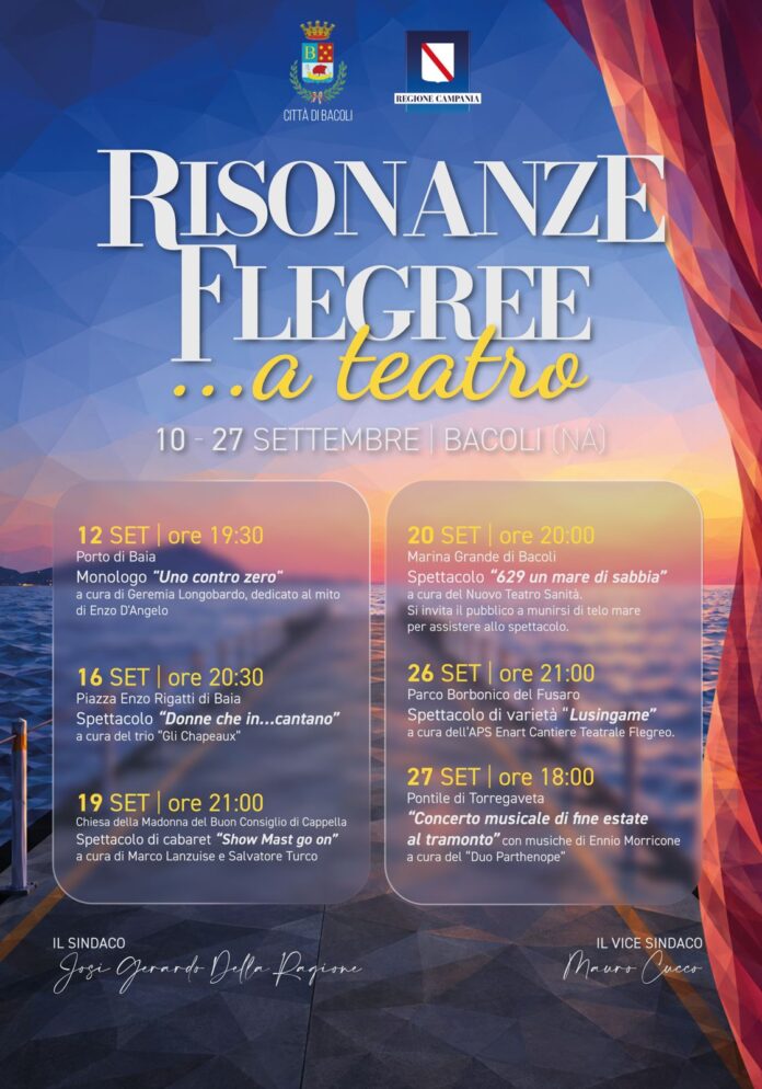 Manifesto con programma della rassegna teatrale Risonanze Flegree a Bacoli con date e luoghi