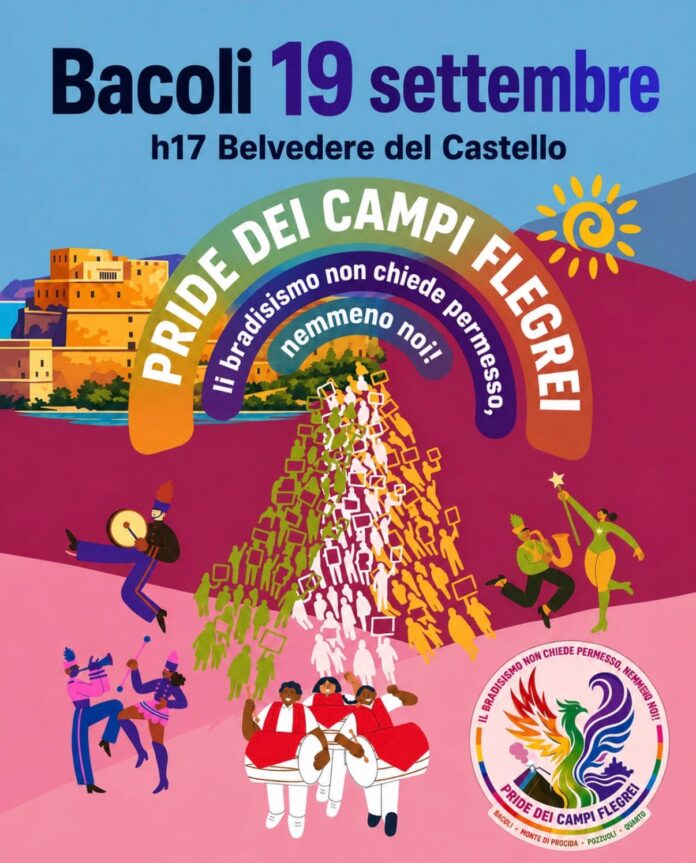 Mappa illustrativa del percorso del corteo del Pride dei Campi Flegrei 2026 a Bacoli con indicazione del punto di partenza al Belvedere Maurizio Valenzi del Castello di Baia e arrivo alla Villa Comunale.