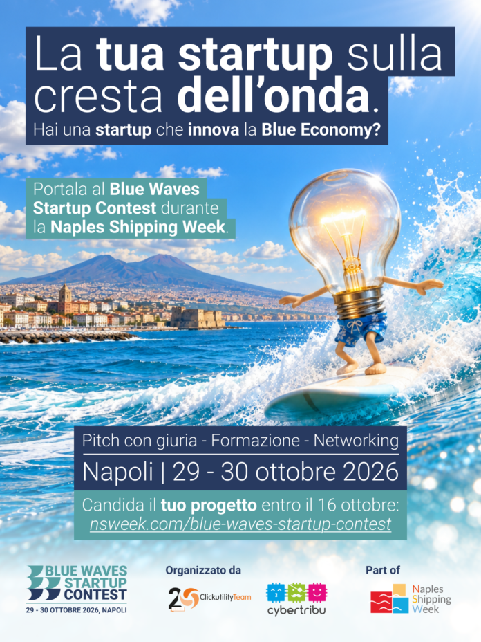Manifesto promozionale del Blue Waves Startup Contest 2026 con immagine del mare, Vesuvio e una lampadina sulla superficie dell'acqua, simbolo di innovazione nella Blue Economy.
