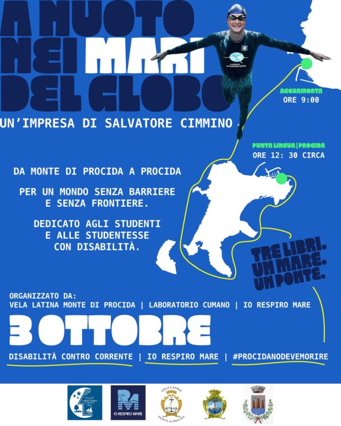 Locandina evento nuotata da Monte di Procida a Procida per studenti con disabilità il 3 ottobre 2026