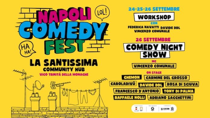 Locandina con dettagli e cast del Napoli Comedy Fest 2026 alla Santissima Community Hub di Napoli