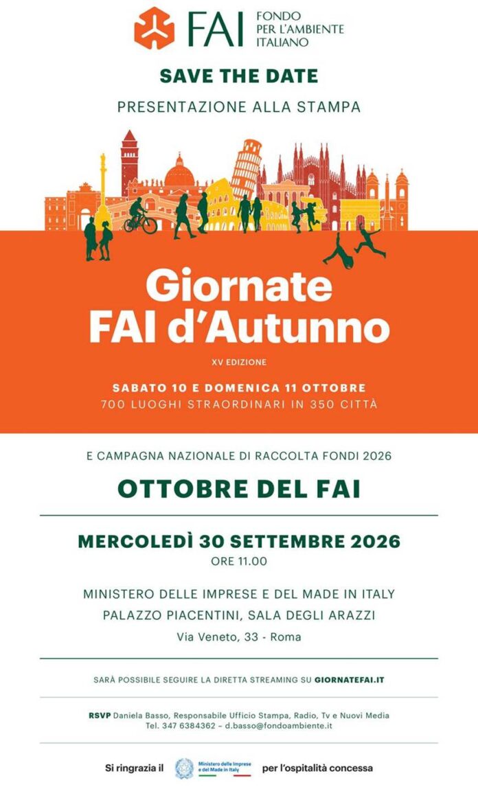 Locandina promozionale delle Giornate FAI d'Autunno 2026 con sagome di monumenti italiani e persone in attività culturali, con i dettagli dell'evento e la data della presentazione alla stampa.