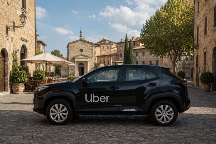Auto nera con logo Uber parcheggiata su piazza in borgo italiano con edifici in pietra e cielo azzurro.