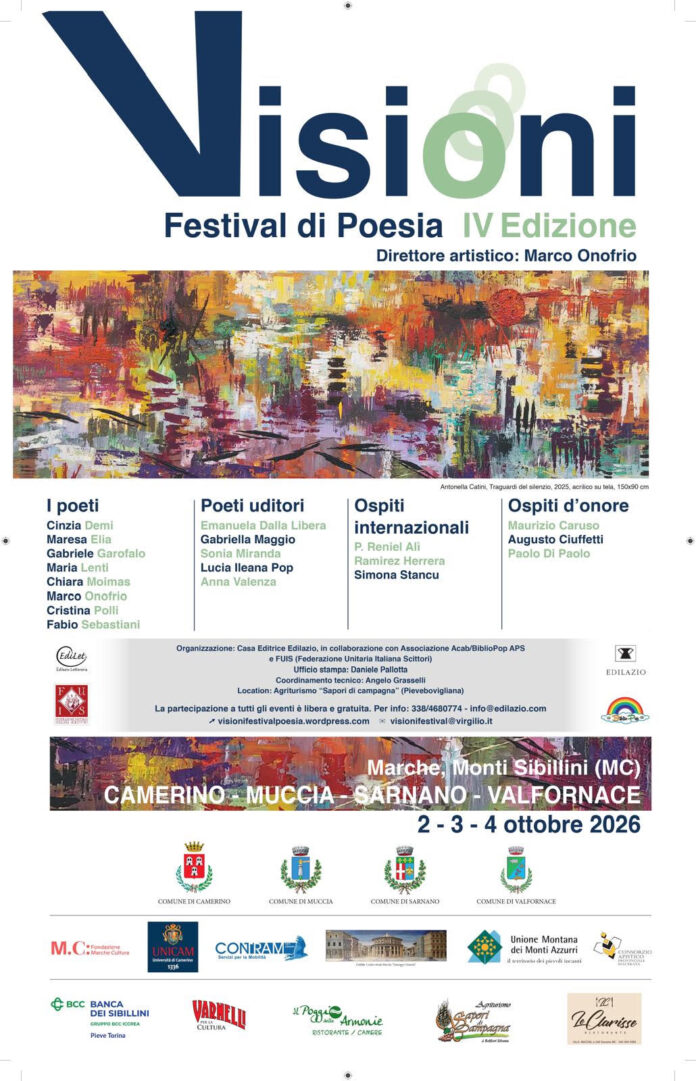 Manifesto promozionale del Festival di Poesia “Visioni” con elenco dei poeti, ospiti internazionali e date dell'evento nelle Marche.