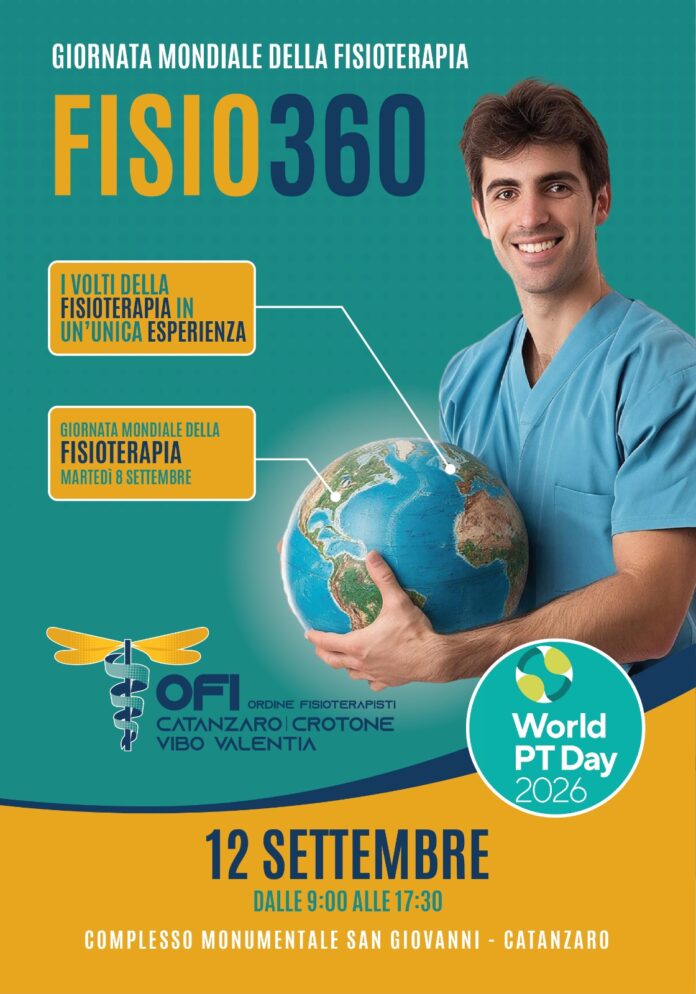 Locandina promozionale dell'iniziativa FISIO360 con giovane fisioterapista che tiene in mano un globo terrestre.